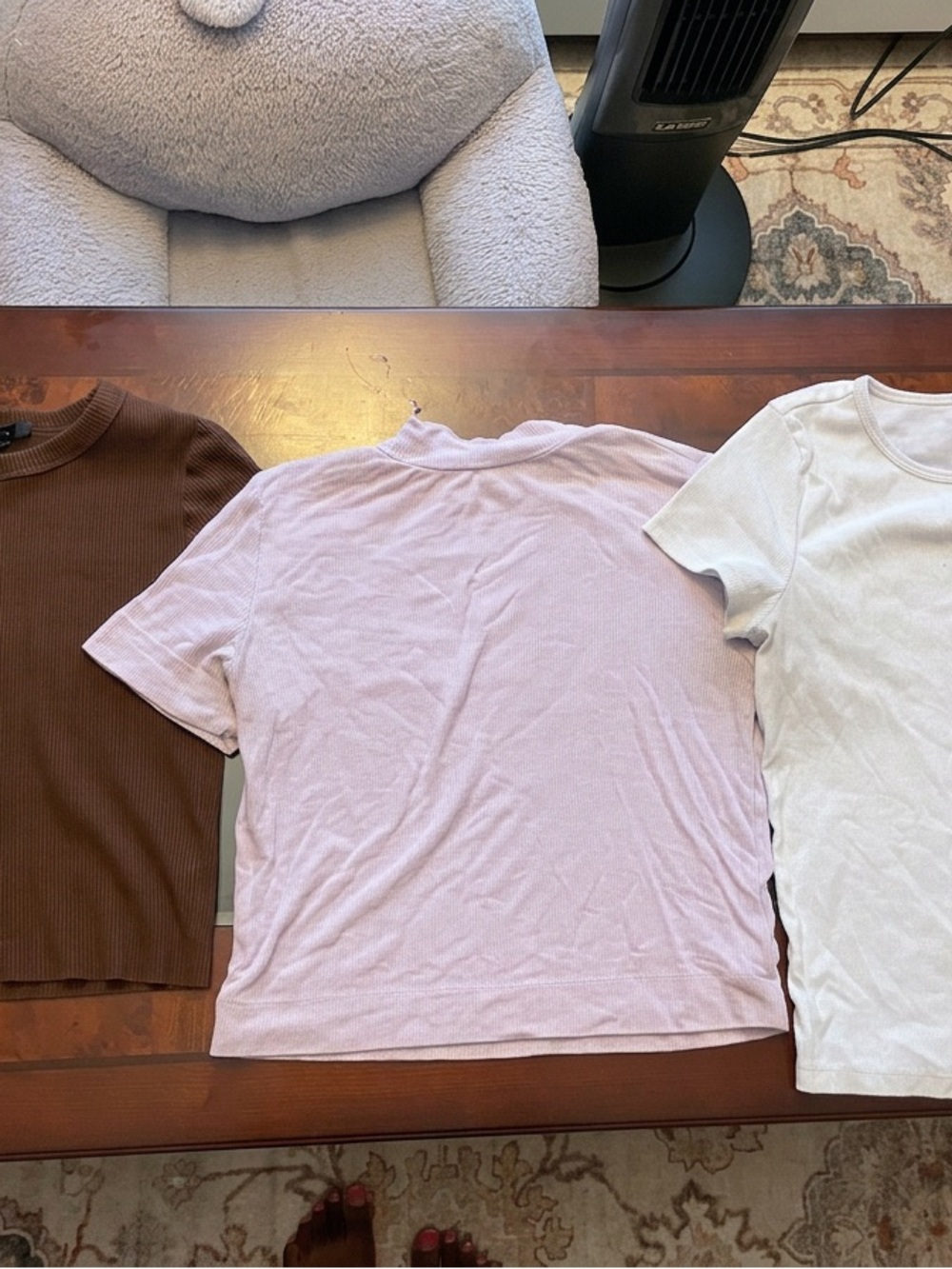 3 Ribbed T- Shirt Pack: Lilac, brown, and White (Brands and sizes in description